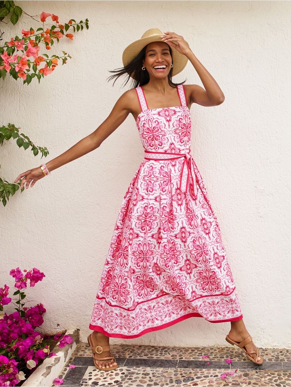 NWT Talbots Tie Waist Maxi Dress in Elegant Medallion Pink White sz 10 Cotton